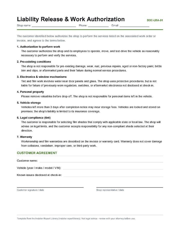 Liability Release & Work Authorization — cover